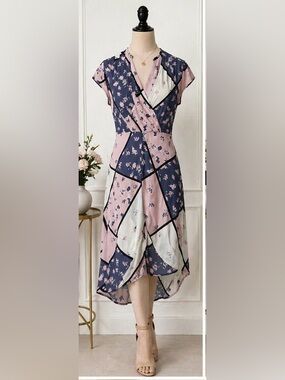 New York & Company Pink and Navy Floral Patchwork Midi Dress